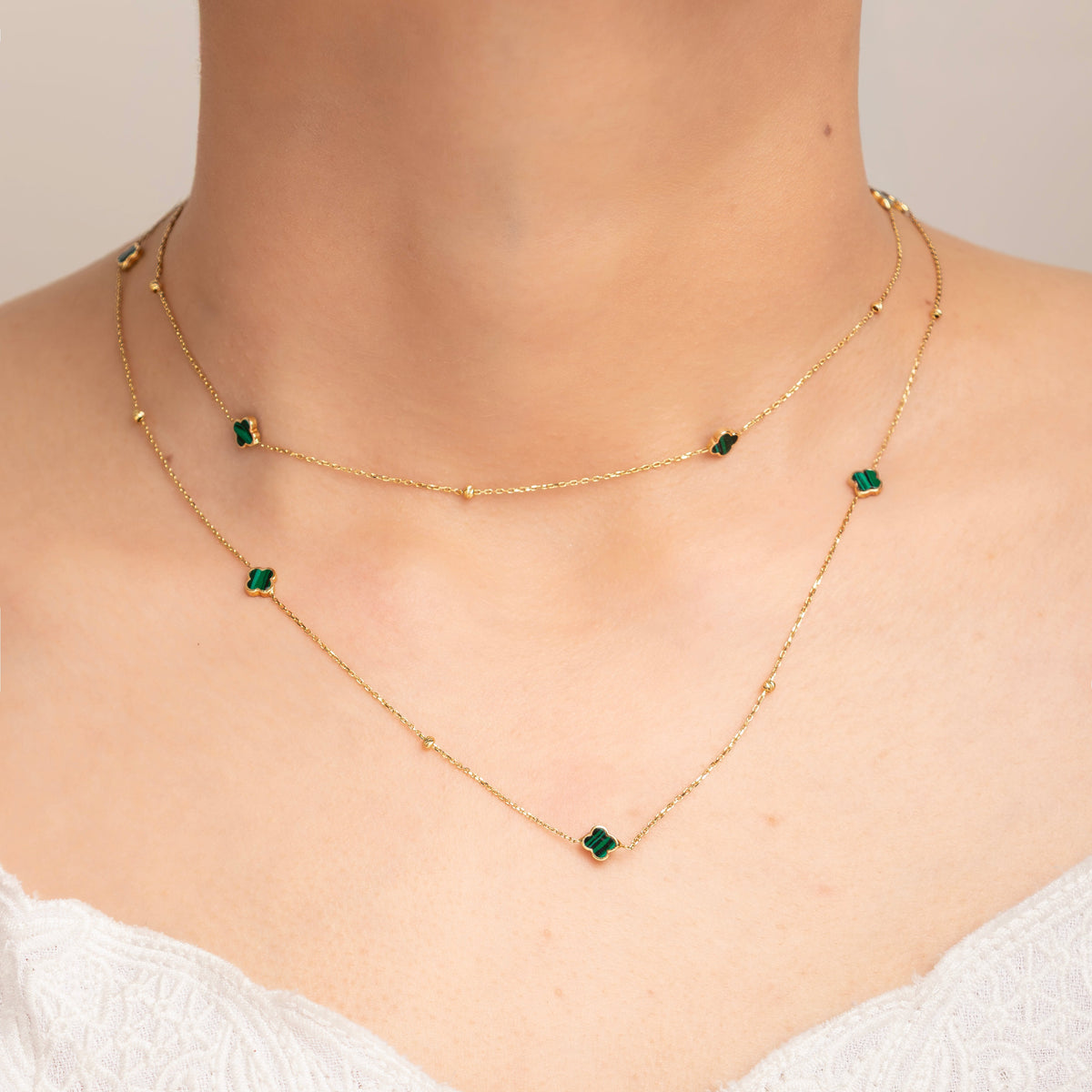 Collar Camisero Trébol Malaquita 18k