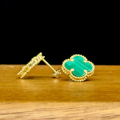 Aretes Clover Malachite – Malaquita Natural en Oro 18k