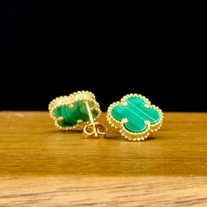 Aretes Clover Malachite – Malaquita Natural en Oro 18k