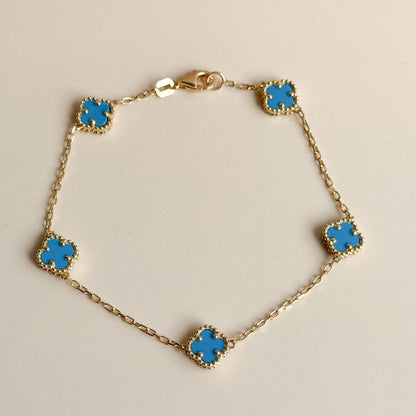 Pulsera Cinco Tréboles Celestes de Oro 18K
