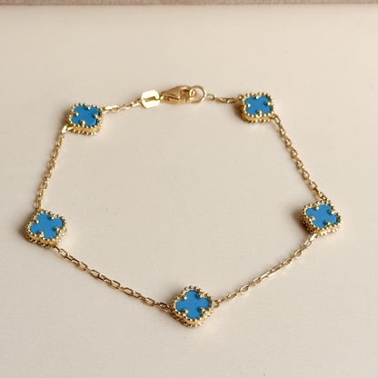 Pulsera Cinco Tréboles Celestes de Oro 18K