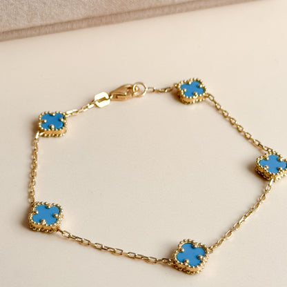 Pulsera Cinco Tréboles Celestes de Oro 18K