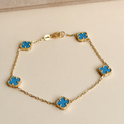 Pulsera Cinco Tréboles Celestes de Oro 18K