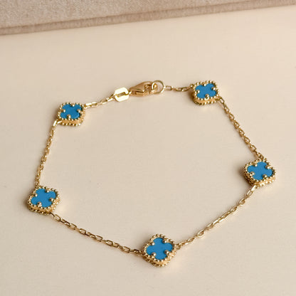 Pulsera Cinco Tréboles Celestes de Oro 18K