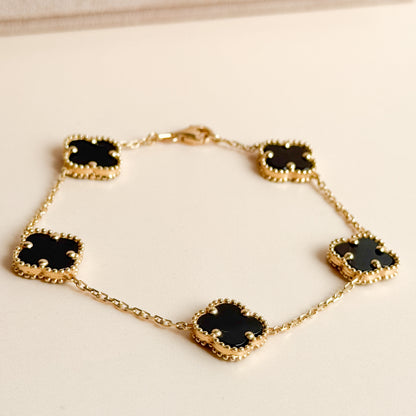 Pulsera Cinco Tréboles de Ónix en Oro 18K
