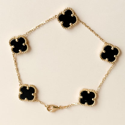 Pulsera Cinco Tréboles de Ónix en Oro 18K