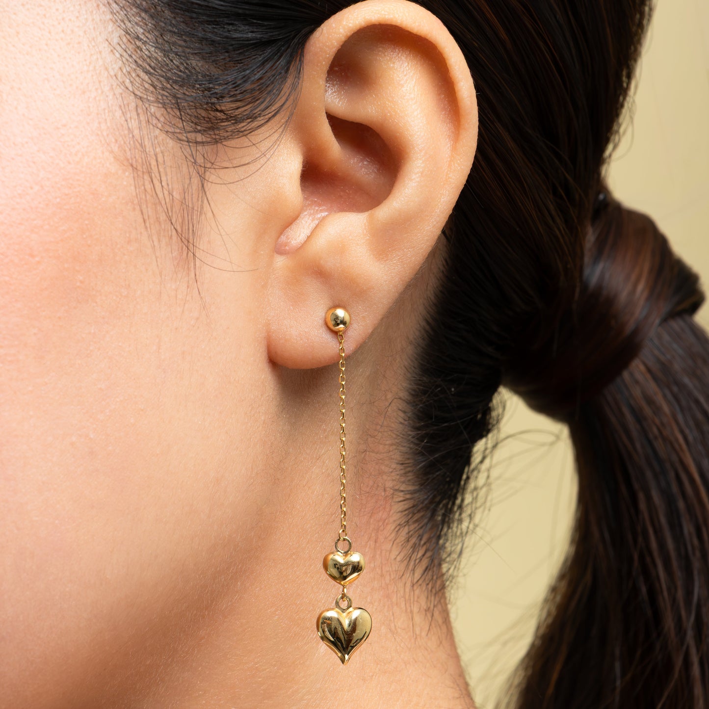 Aretes Corazones Dúo Colgantes Oro 18k