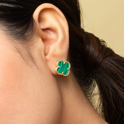 Aretes Clover Malachite – Malaquita Natural en Oro 18k